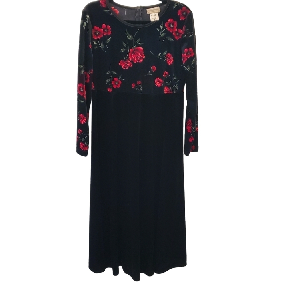 Coldwater Creek Medium Black Velvet Floral Midi Dress